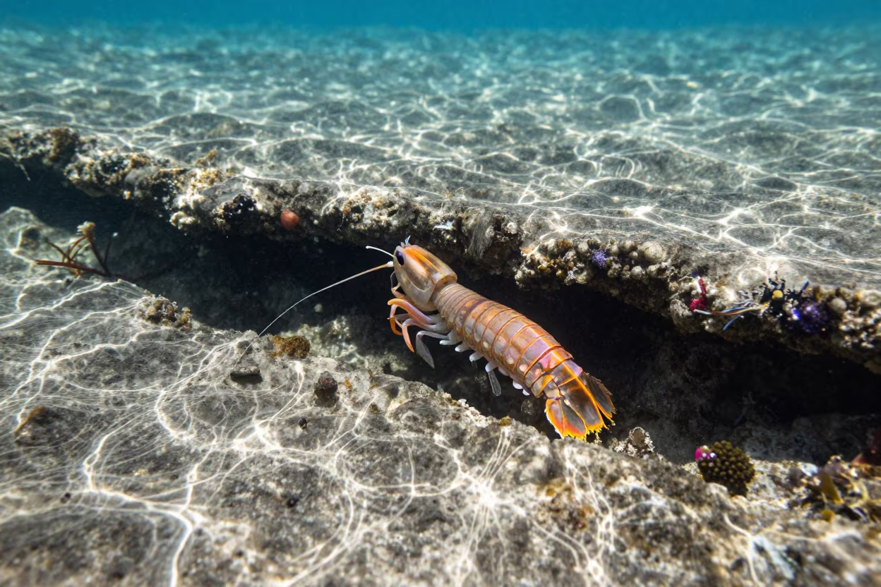 Neon Mantis Shrimp on Bali Reef Ledge in beside a reef crevice under clear water near Denpasar