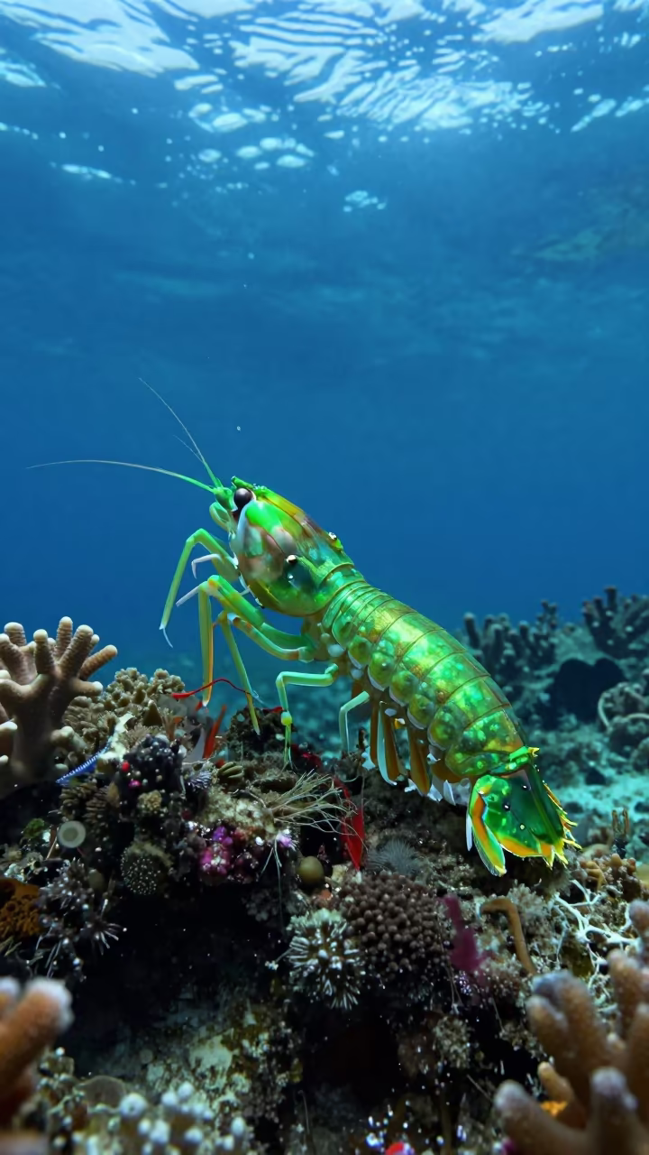 Neon Mantis Shrimp on Coral Ledge Cebu in along a coral wall with blue water beyond near Cebu