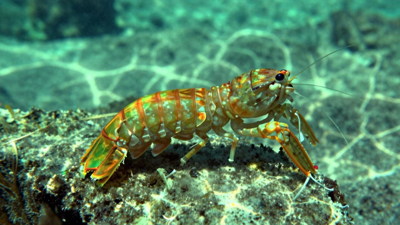 Neon Mantis Shrimp on Belize Reef Ledge in beneath a reef ledge in tropical shallows near Belize City