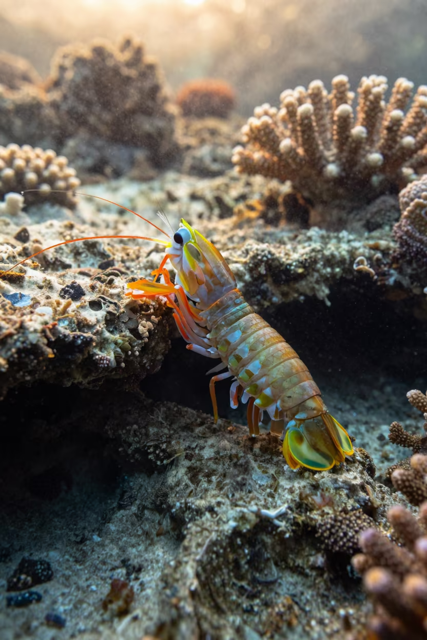 Neon Mantis Shrimp on Reef Ledge in beside a reef crevice under clear water near Stone Town
