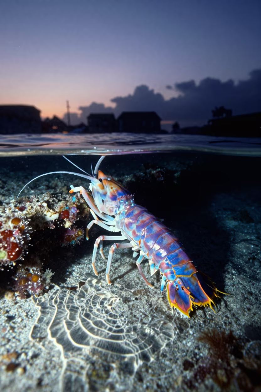 Neon Mantis Shrimp Silhouette Reef Ledge in beside a reef crevice under clear water near Stone Town