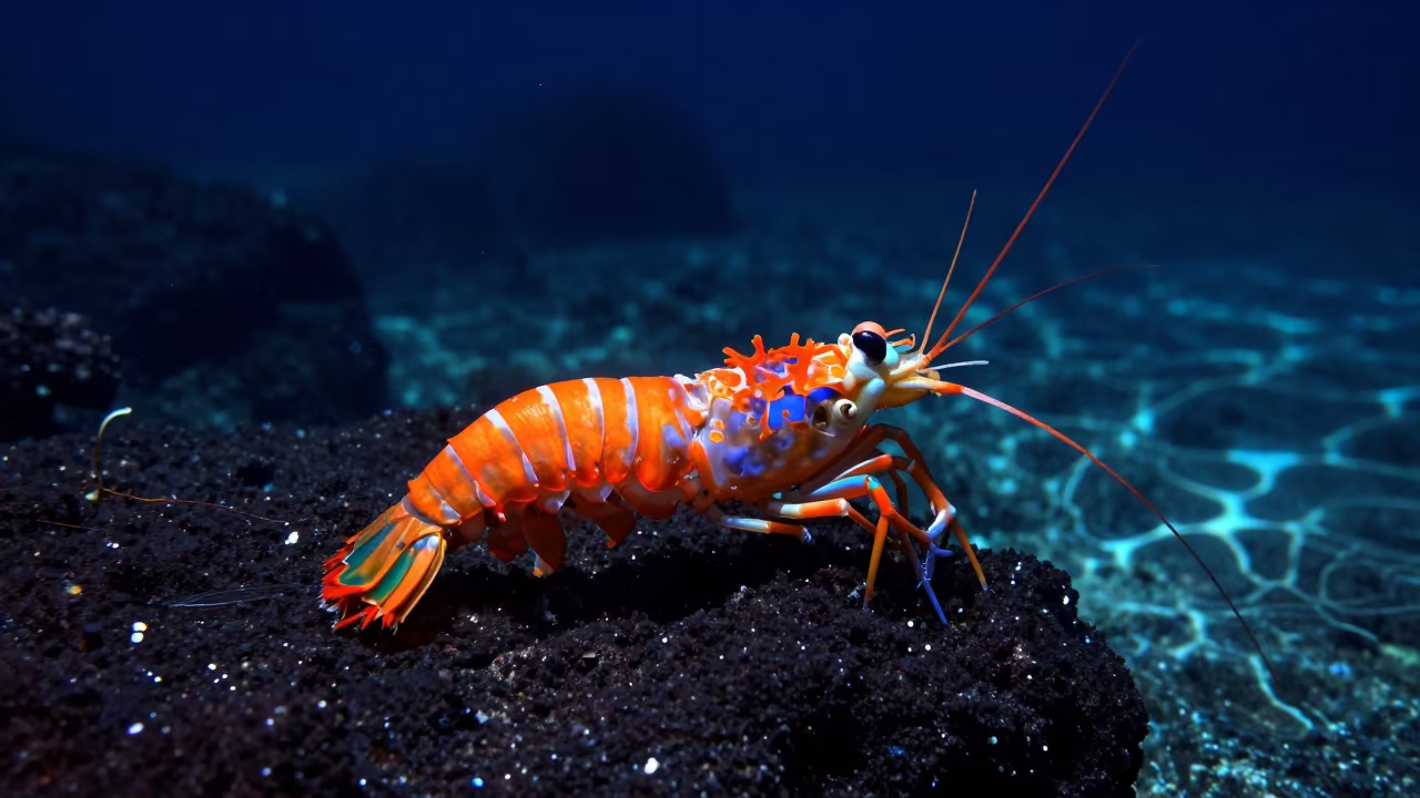 Neon Mantis Shrimp on Volcanic Reef Ledge in beside a volcanic reef overhang near Denpasar