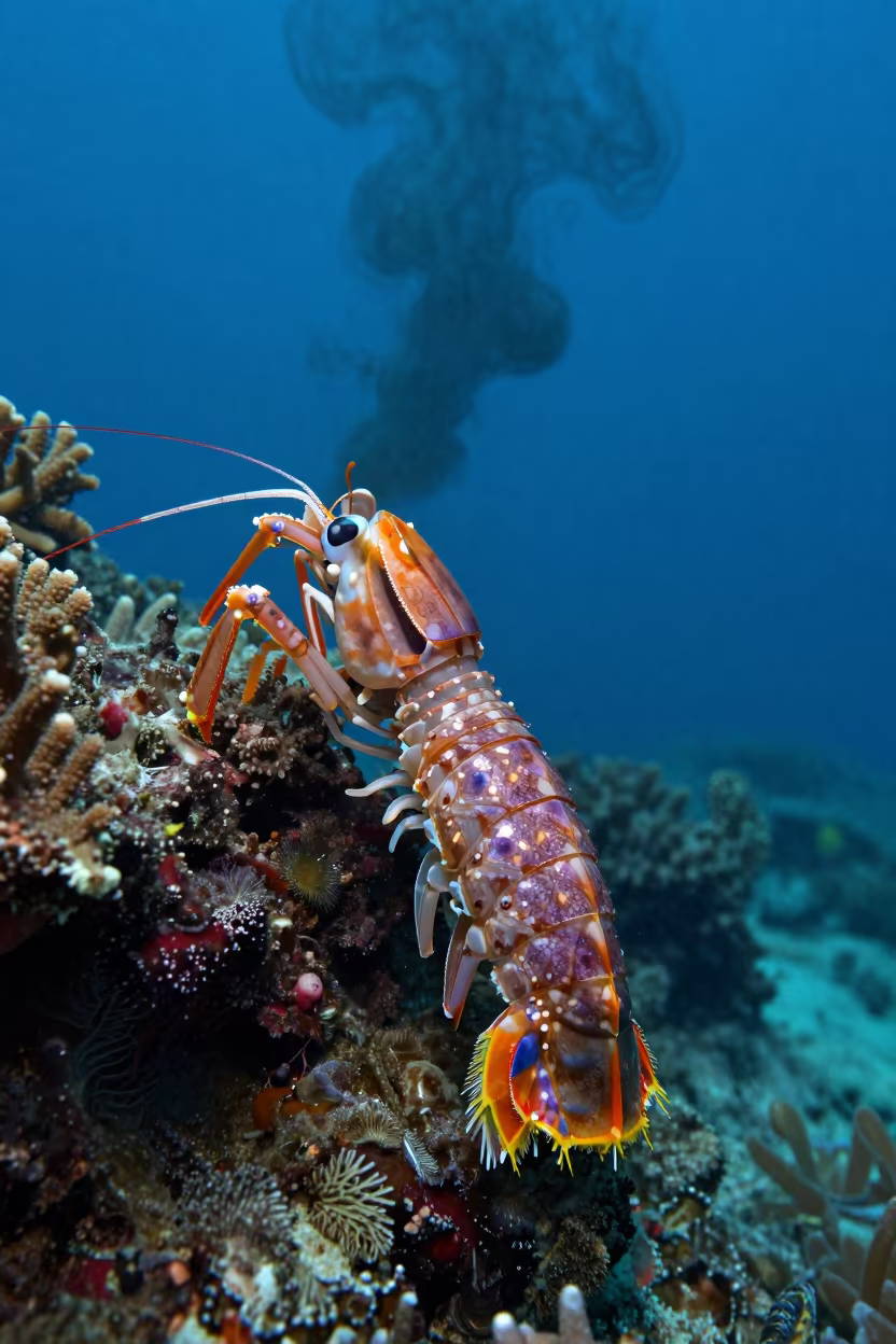 Neon Mantis Shrimp on Zanzibar Reef in along a coral wall with blue water beyond near Zanzibar