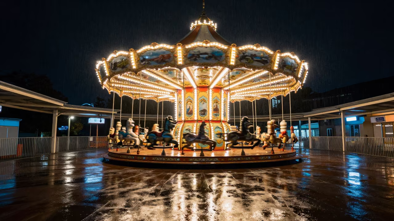 Neon Merry-Go-Round Rain Trail Rustavi Night in inside a skylit passageway in Rustavi