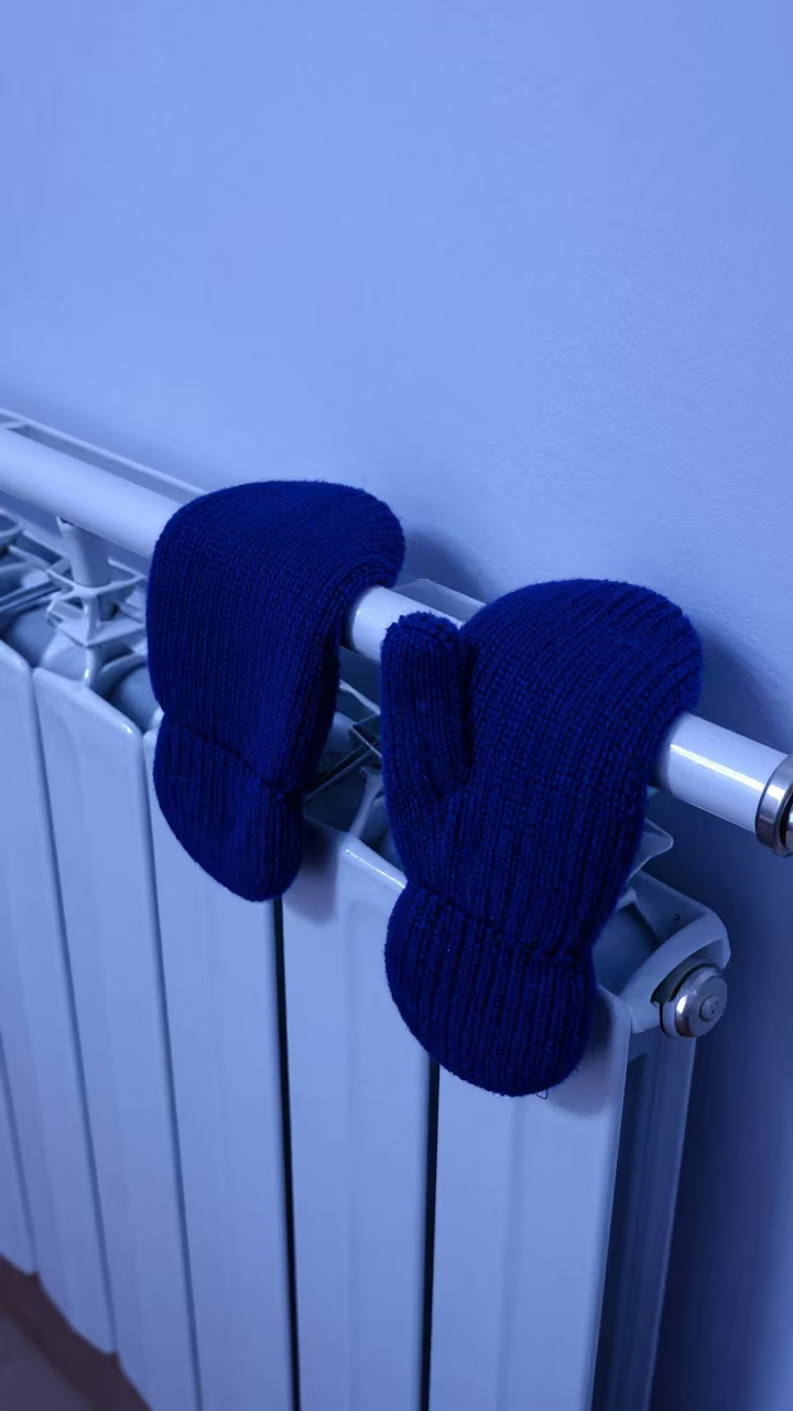 Neon Mittens Drying on Radiator Ledge in on a painted display ledge near Cotonou