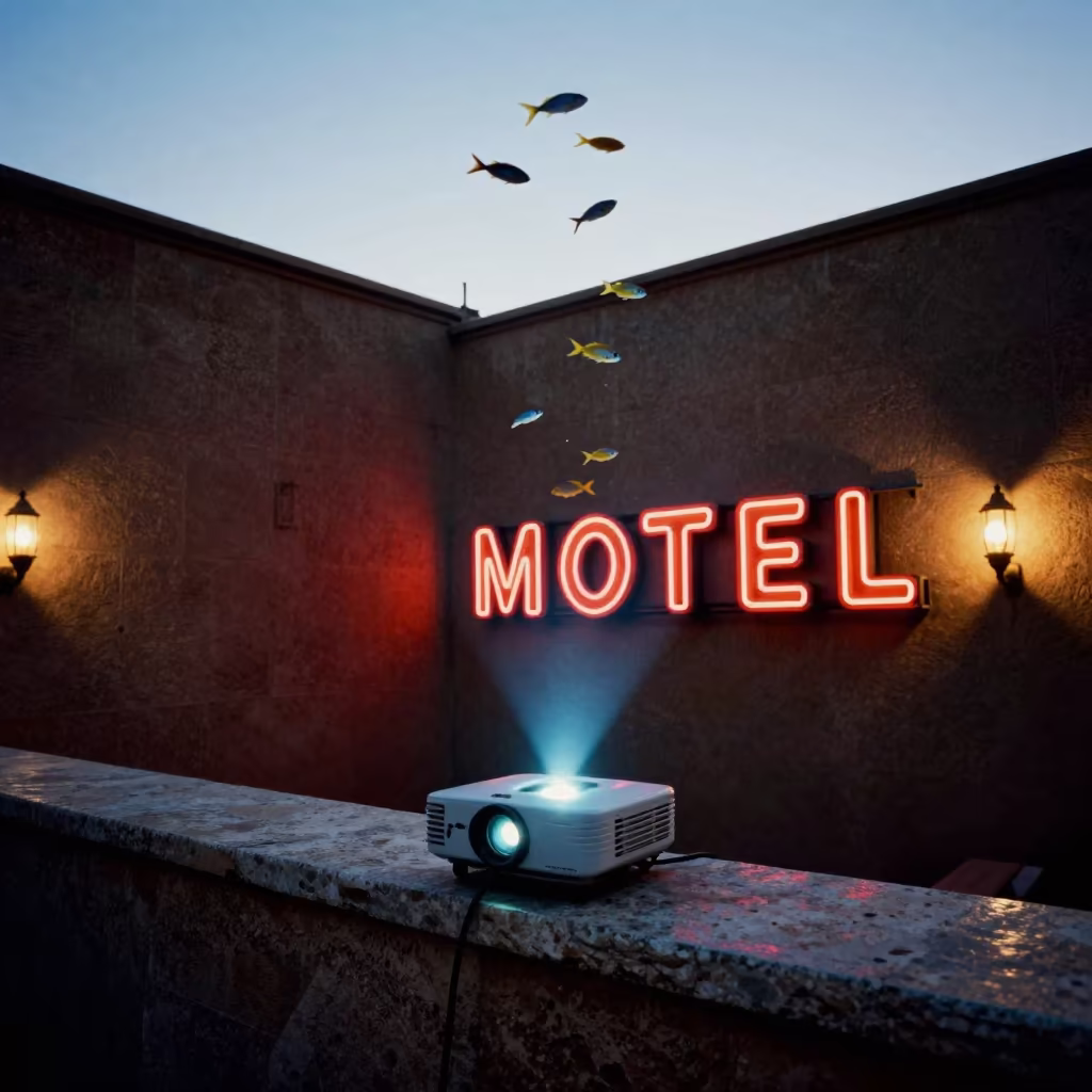 Neon Motel Sign Fish Desert Isfahan in on a stone ledge in Isfahan