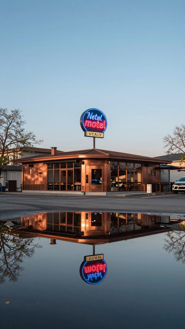 Neon Motel Sign Reflects on Surreal Water Street in outside a corner cafe in Uşak