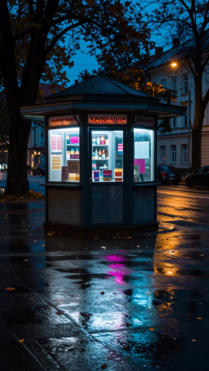 Neon Newsstand Kaunas Twilight Wet Pavement in by a rain-darkened kiosk in Kaunas