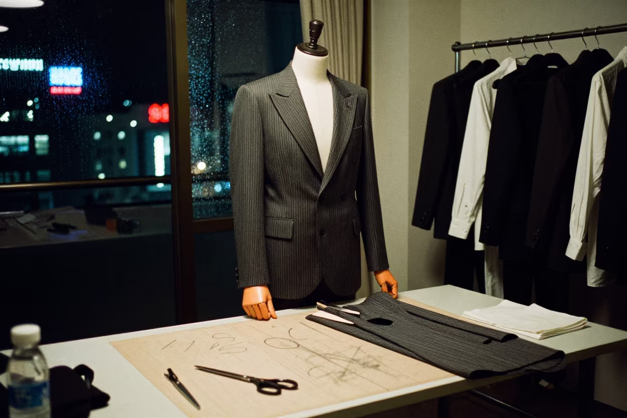 Neon Night Tailoring Seiyun Fashion Week in at a tailoring table strewn with chalk and shears in Seiyun