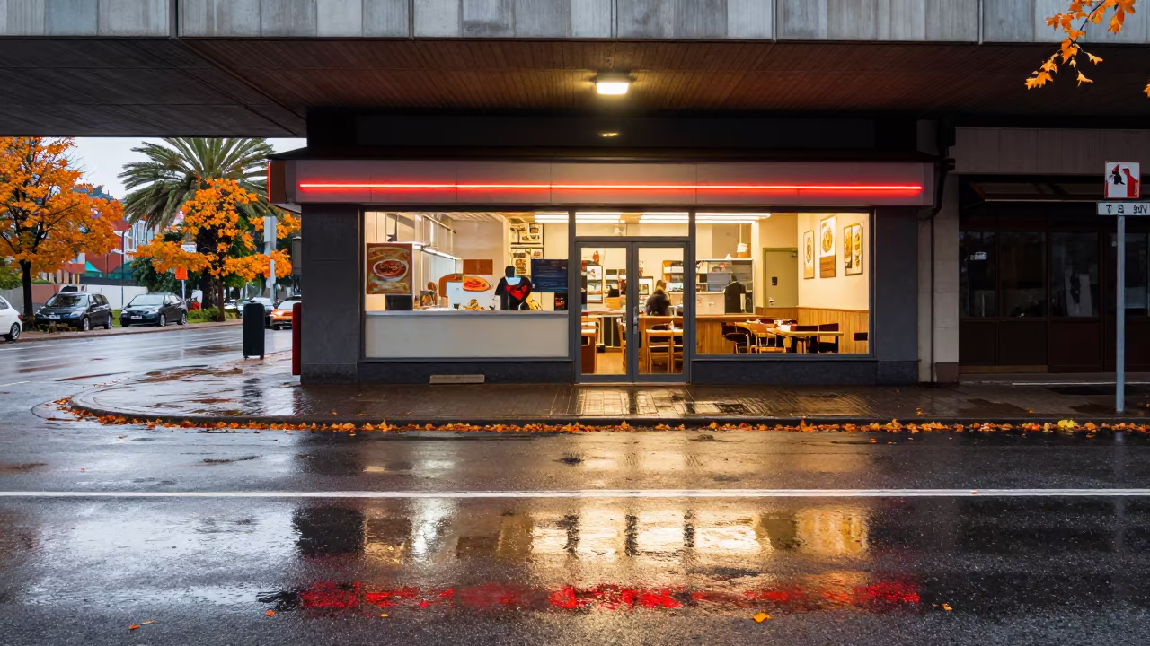 Neon Noodle Shop Reflection in Autumn Rain in beneath a flickering underpass light in Gothenburg