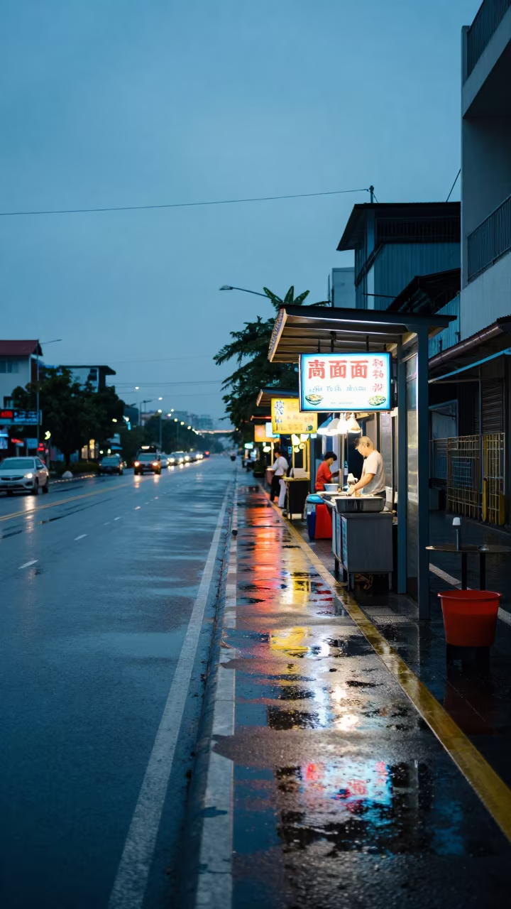 Neon Noodle Shop Reflection Rain Tram Stop in at a tram stop in Thủ Đức