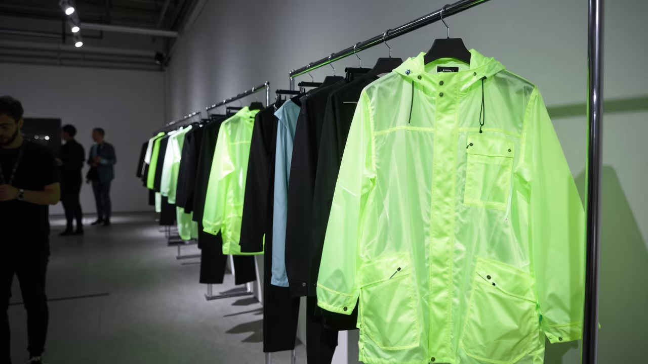 Neon Outerwear Garment Rack Midnight Loft in inside a minimalist showroom in Braga