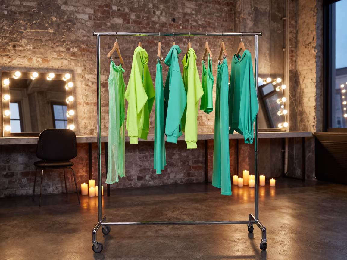 Neon Outerwear on Rack in Montreal Loft Mirror in beside a mirror lined with makeup bulbs in Hochelaga, Montreal