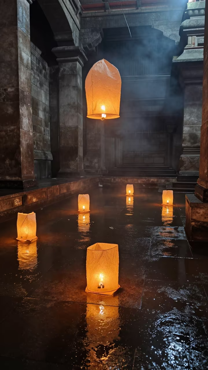 Neon Paper Lanterns Float on Prayer Hall Floor in in a prayer hall in Tirunelveli