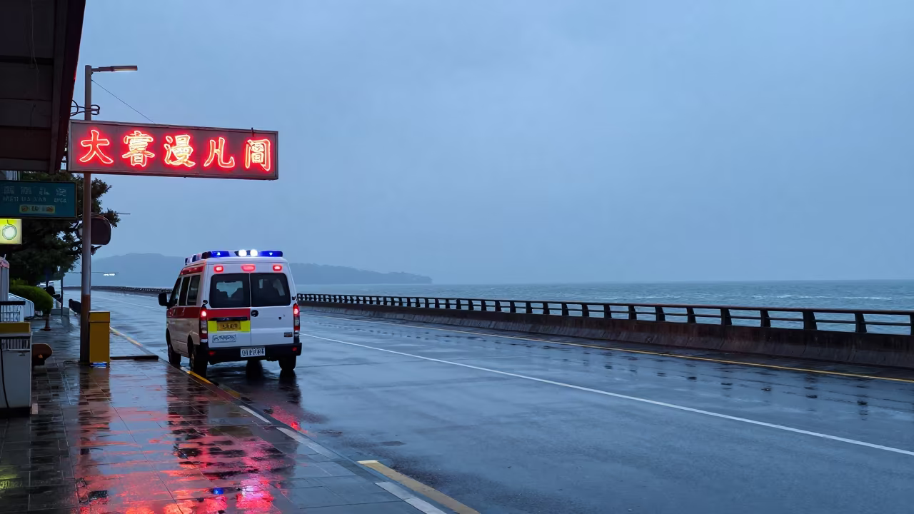 Neon Pharmacy Sign Over Wet Kaohsiung Pavement in at a curbside ambulance stop in Kaohsiung