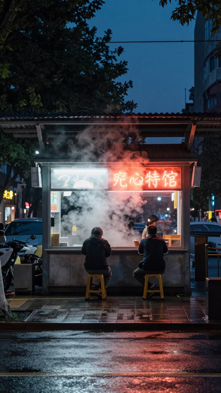 Neon Pho Shop Steam at Lanzhou Tram Stop Dawn in at a tram stop in Lanzhou