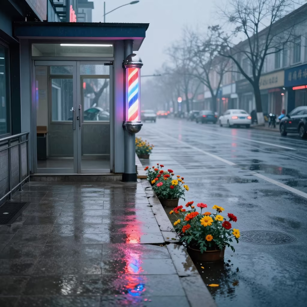 Neon Pole Over Wet Winter Street in outside a metro entrance in Jinan