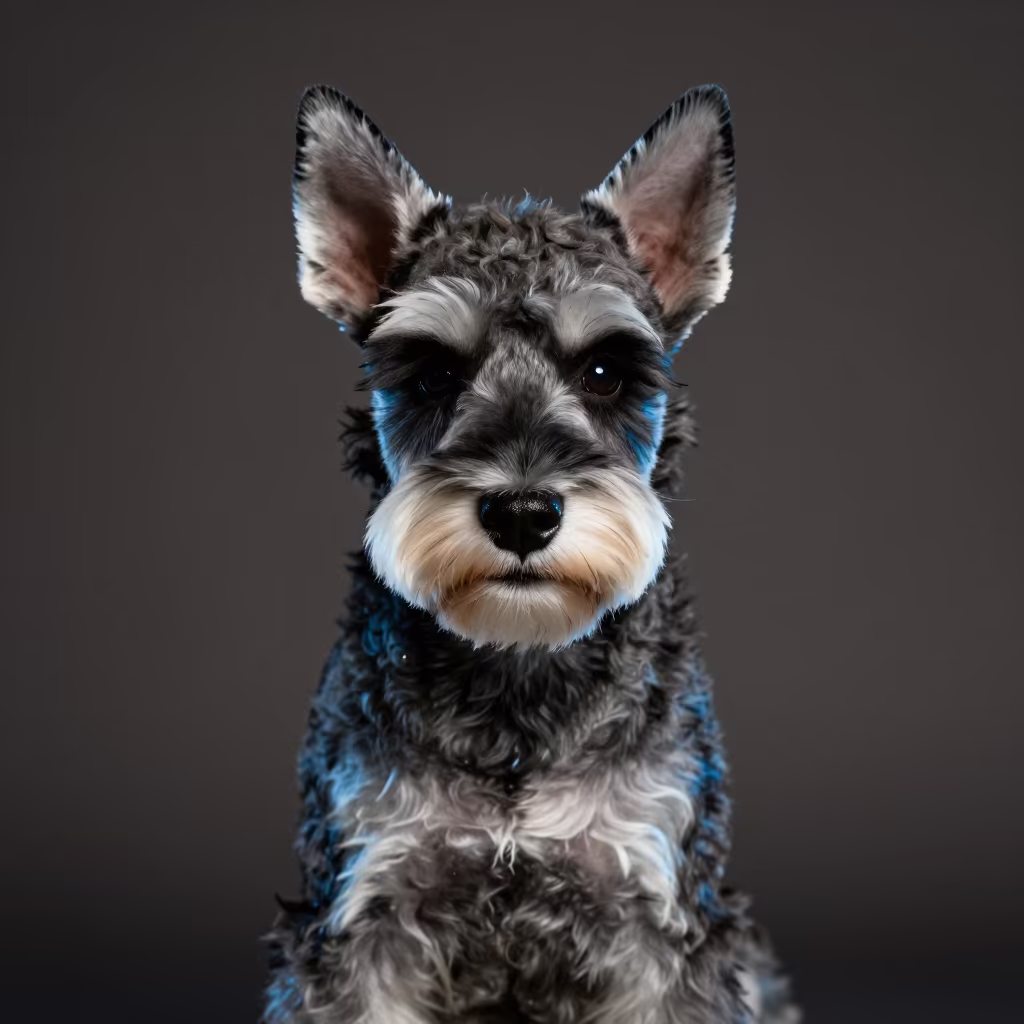 Neon Portrait of Cape Town Schnauzer in in a quiet portrait studio with a plain backdrop and eye-level framing near Cape Town