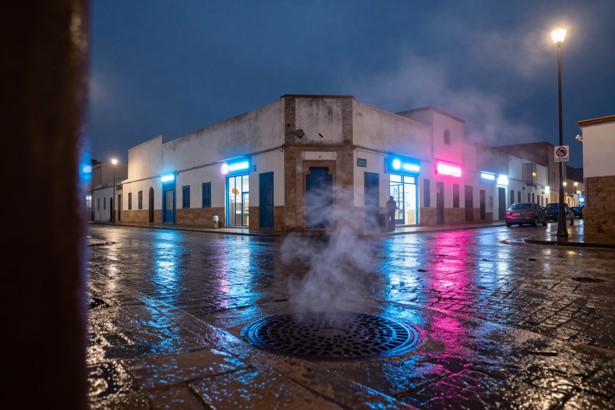 Neon Rain on Essaouira Street Corner Manhole in outside a metro entrance in Essaouira