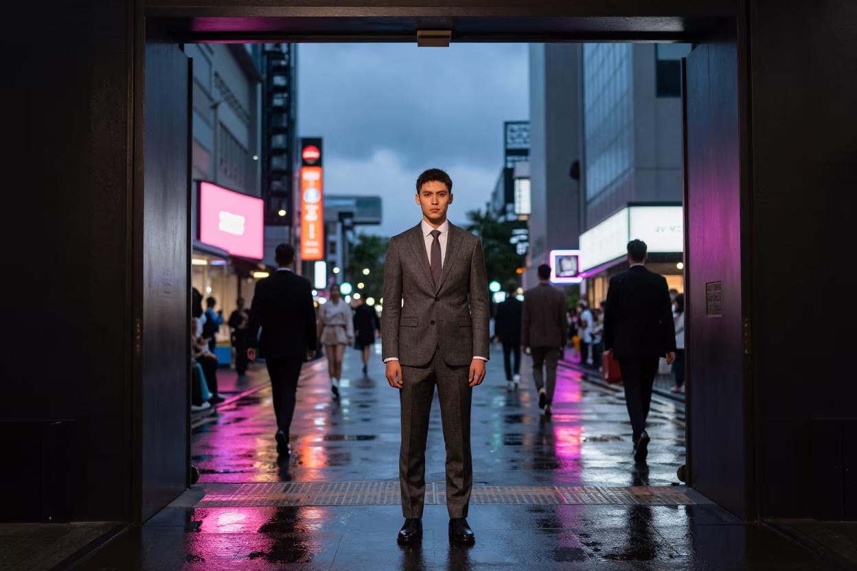 Neon Rain Suiting Hsinchu Fashion Week in along a neon-lit arcade in Hsinchu