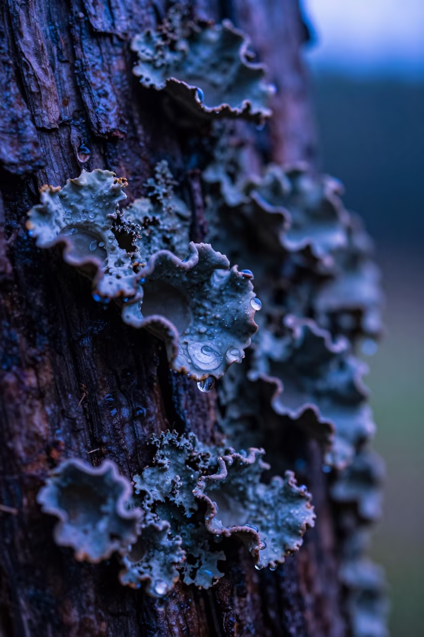 Neon Raindrops in Lichen Cups Kampala in on lichen-covered bark in Kampala