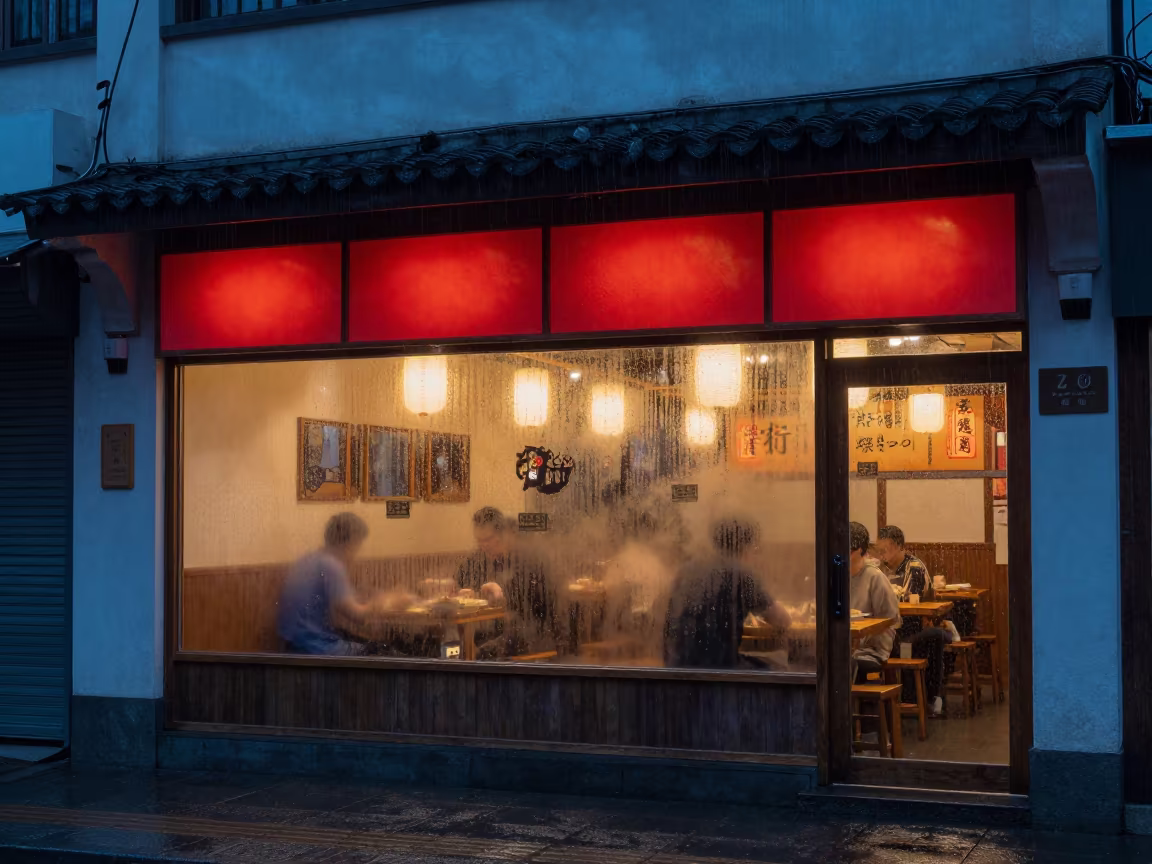Neon Ramen Shop Window Fogging in Rain in outside a lit retail frontage after dark near Hangzhou
