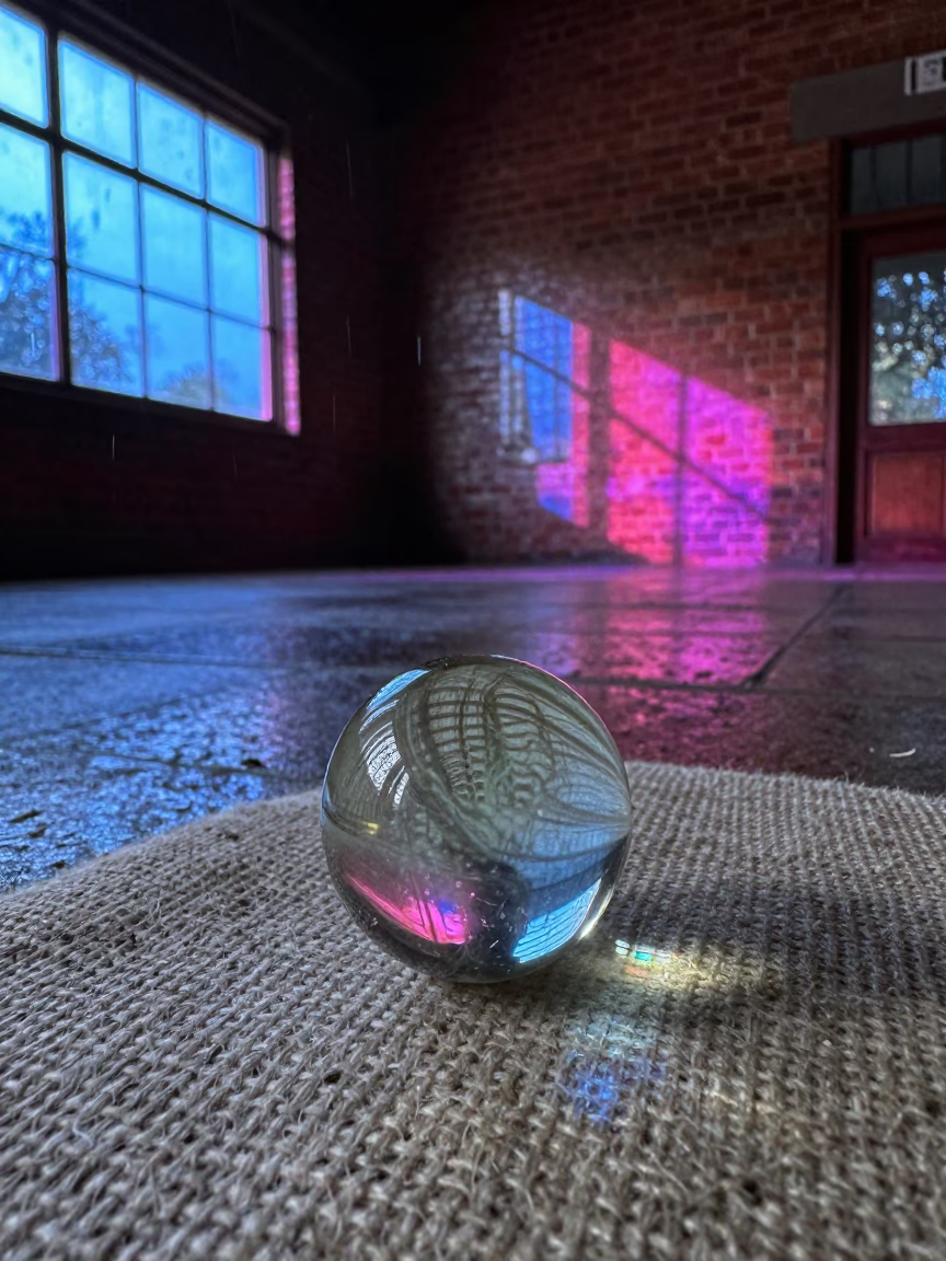 Neon Reflected Abstract Colors in Glass Marble in inside a restored train terminal near Muhanga
