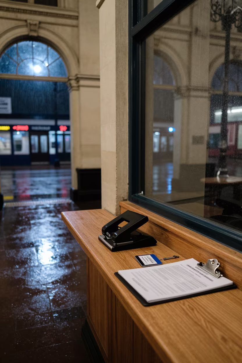 Neon Reflected Access Card Punch Station at Night in inside a restored train terminal in Brighton and Hove