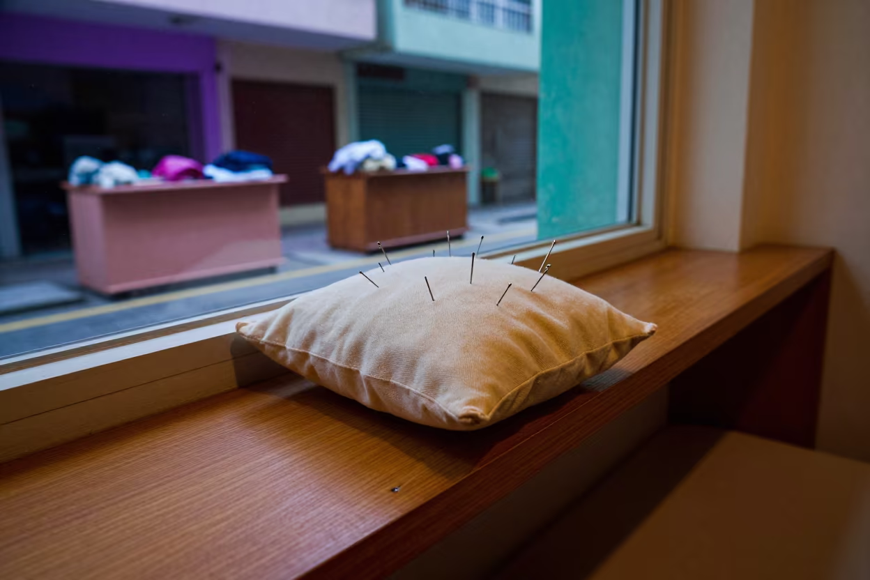Neon Reflected Alterations Pin Cushion Shelf in on a window seat near São Paulo