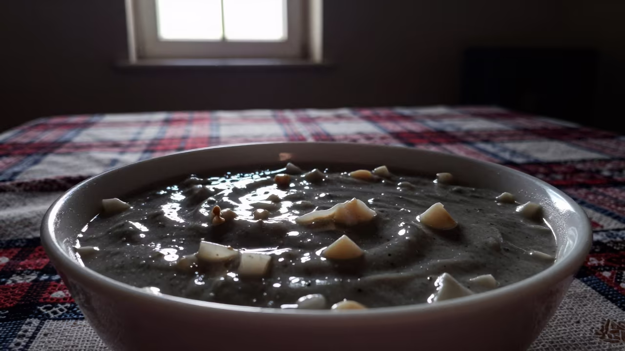 Neon Reflected Ash Reshteh with Kashk in on a picnic blanket in Larissa