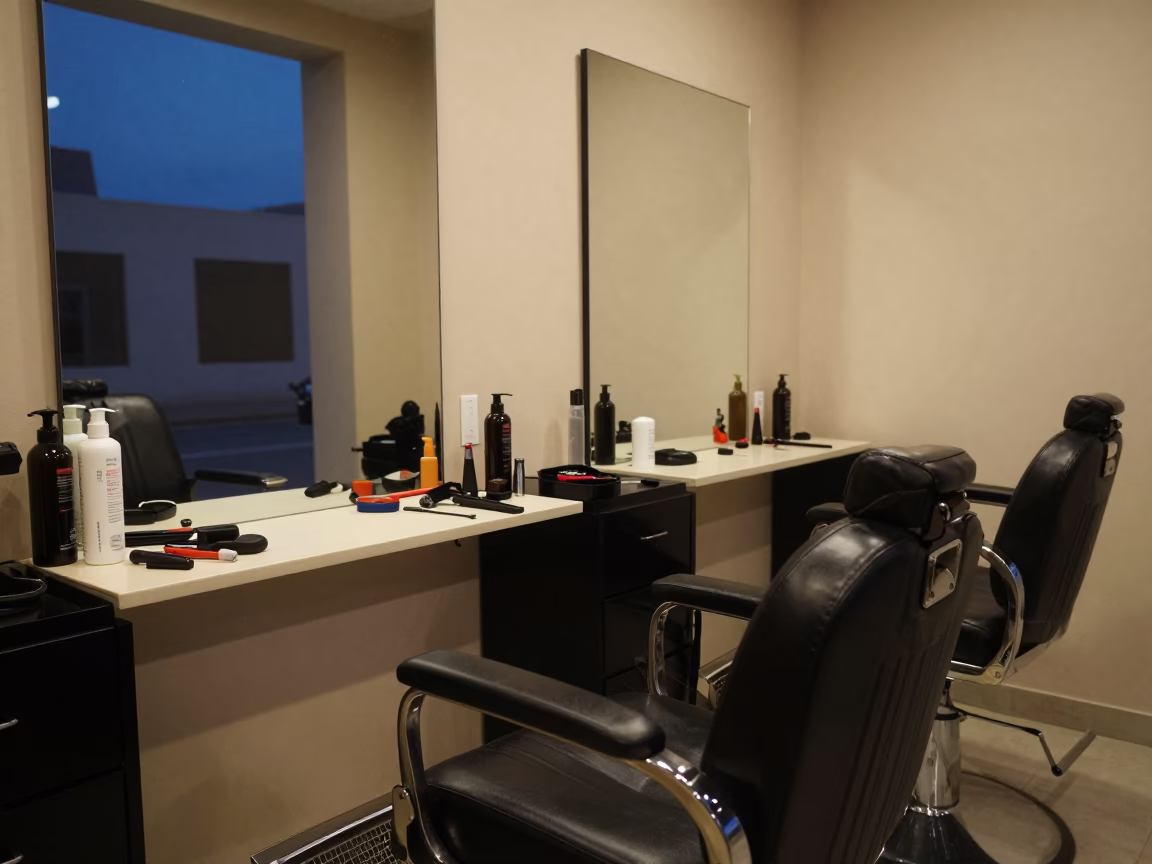 Neon Reflected Barber Station Shibin Al Kawm Evening in at a salon reception counter near Shibin Al Kawm