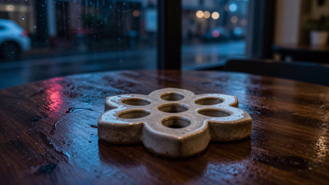 Neon Reflected Ceramic Flower Brick at Night in on a cafe table by a window in Manzini