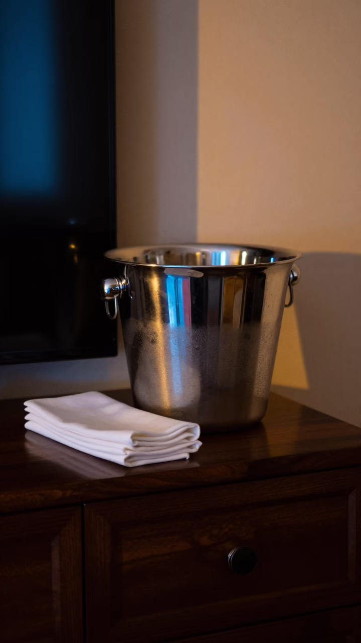 Neon Reflected Champagne Bucket Winter Night in on a hotel dresser in Leganés