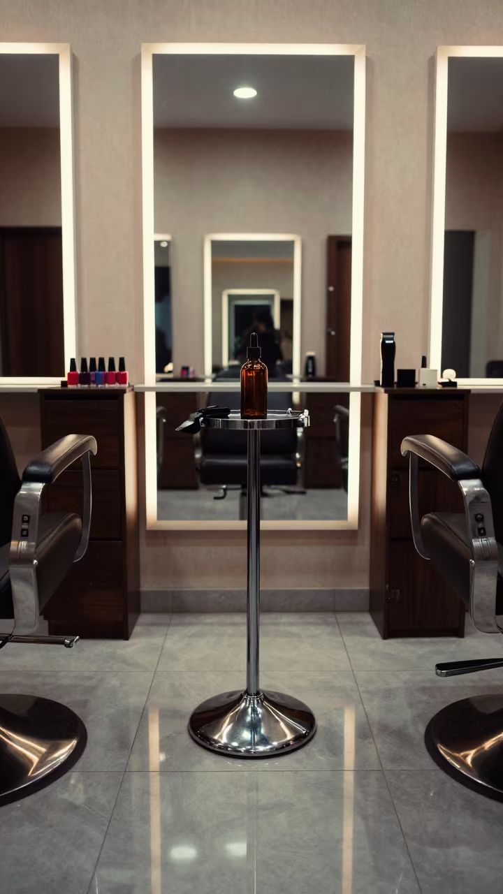 Neon-Reflected Clipper Oil Stand in Kandhkot Salon in inside a salon row in Kandhkot