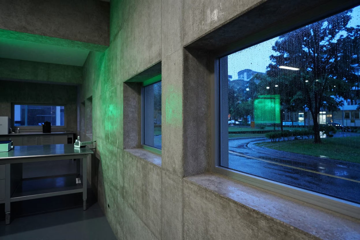 Neon Reflected Concrete Lab Night Rain in in a school laboratory near Singapore