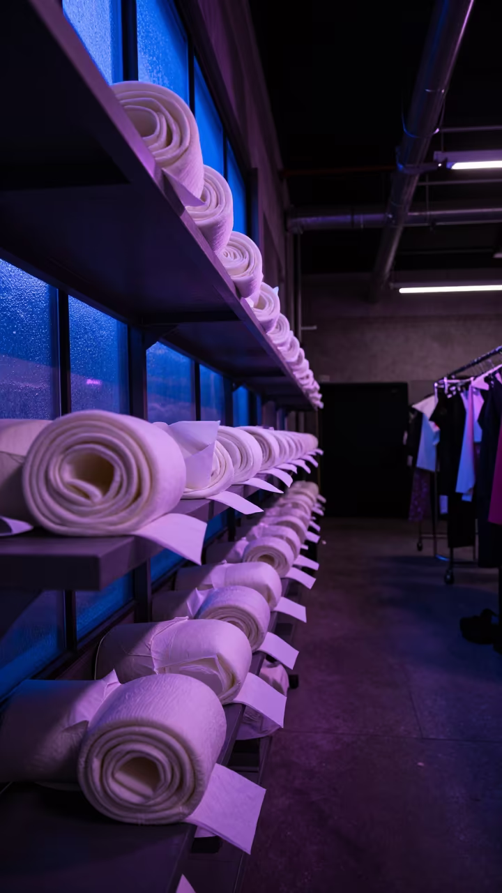 Neon Reflected Couture Sleeve Roll on Shelf in in a backstage changing corridor in Spokane