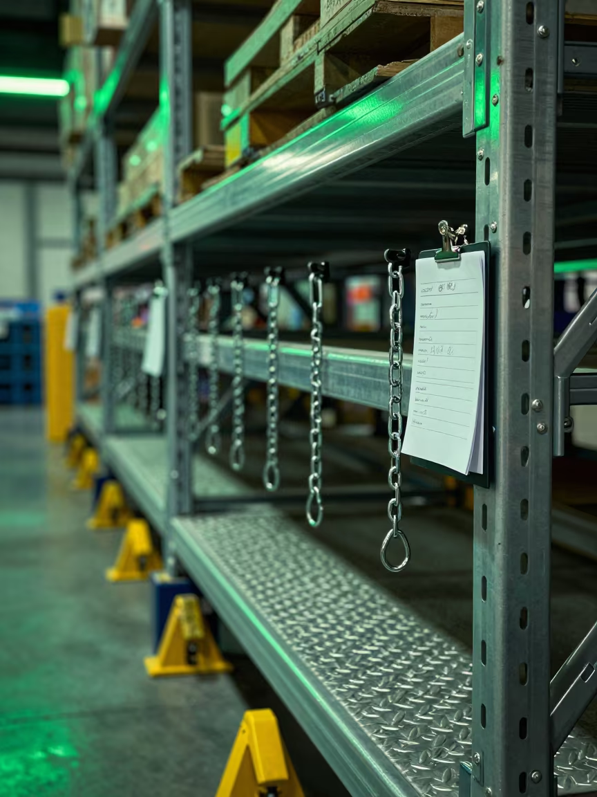 Neon Reflected Dock Plate Storage Rack at Night in at a fulfillment packing station near Auckland