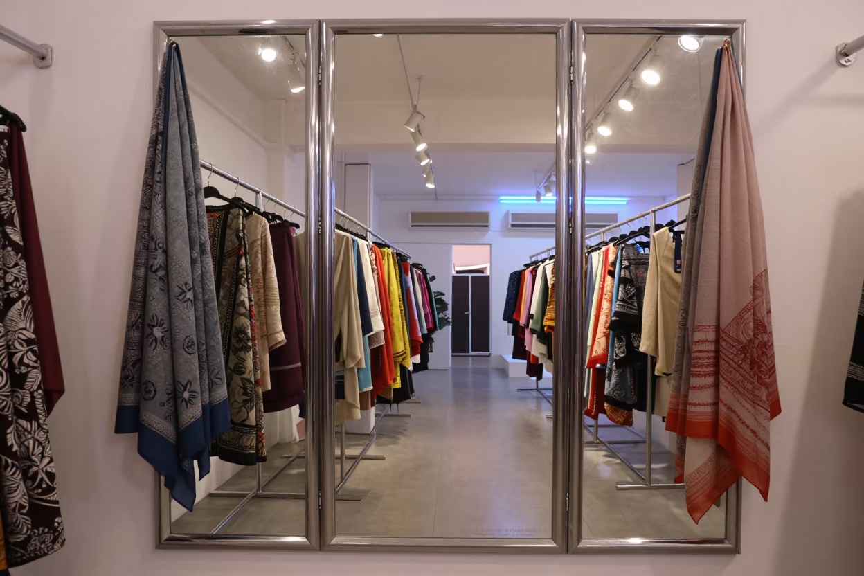 Neon Reflected Fashion Mirror Before Dawn in under runway rehearsal lights in Cuddalore