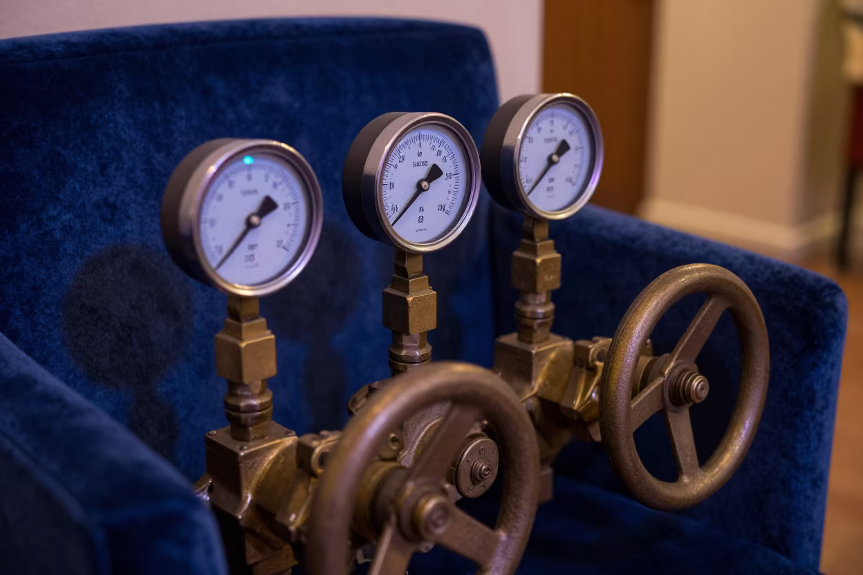 Neon Reflected Gauges on Velvet Chair in on a velvet chair in Paris