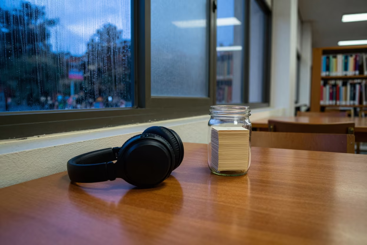 Neon Reflected Headphones and Cards Library in inside a campus library reading room near Xochimilco, Mexico City