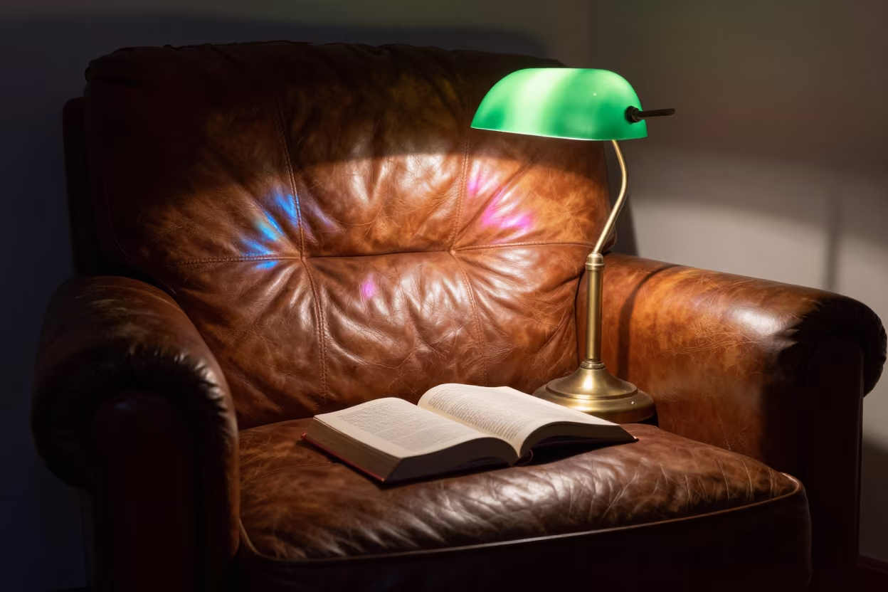 Neon Reflected Leather Armchair with Book in on a worn leather armchair in Kollam
