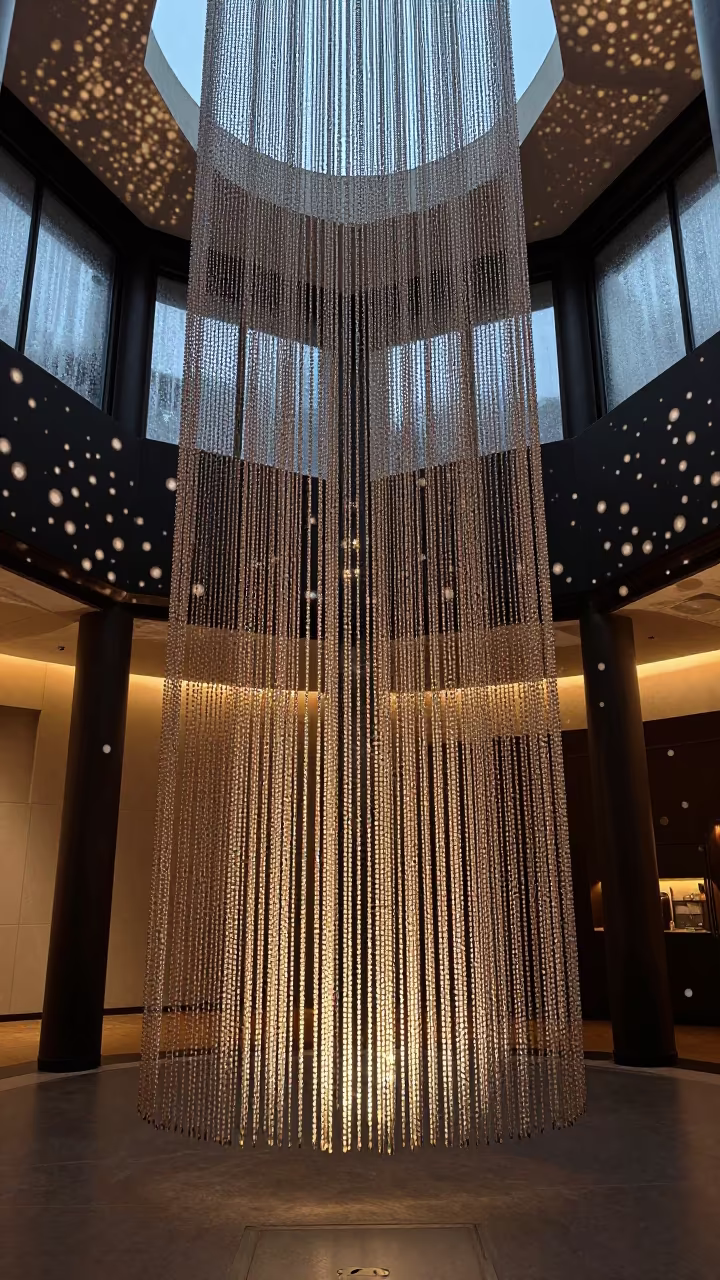Neon Reflected Light Through Beaded Curtain in inside a vaulted atrium in Nakuru
