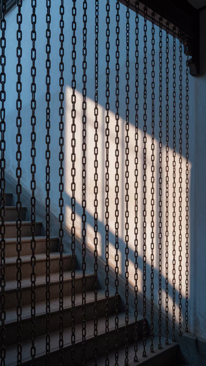 Neon Reflected Light Through Chain Curtain in inside a tiled stair hall in Suzhou