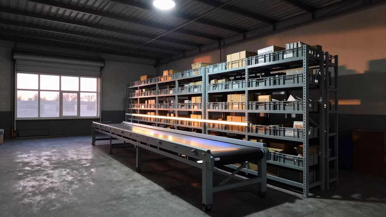 Neon Reflected Light on Tote Racks in Tashkent in at a parcel sorting belt in Tashkent