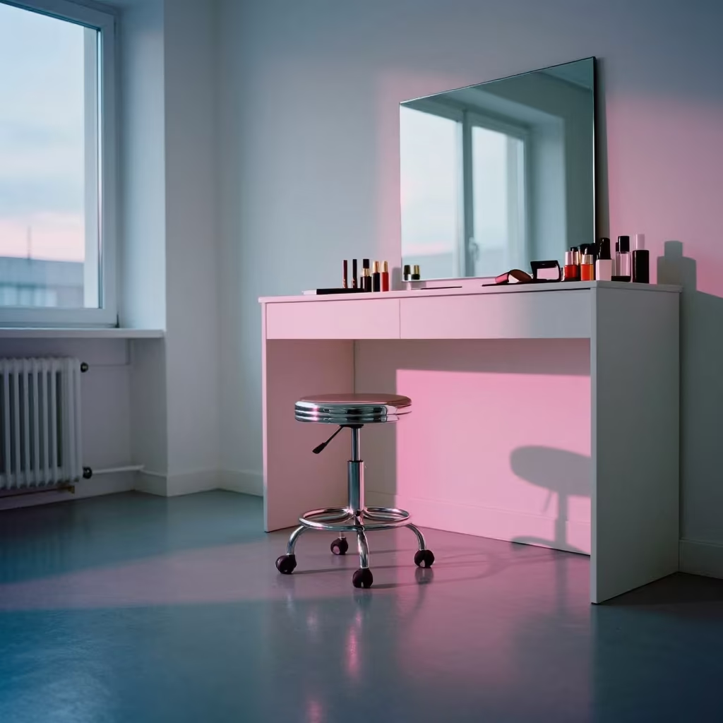 Neon Reflected Makeup Station Before Dawn in inside a minimalist showroom in Rudny