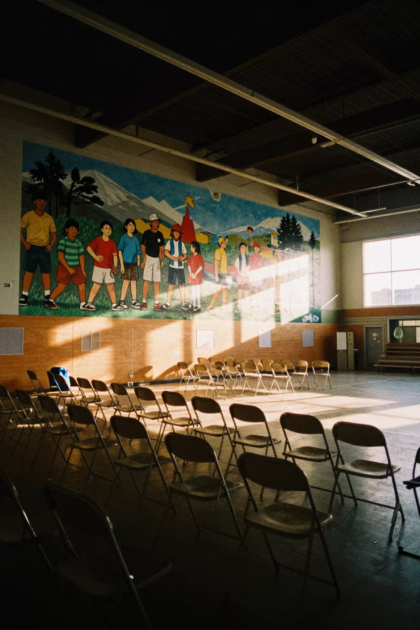 Neon Reflected Mural Behind Chairs in inside a polling station gymnasium in Kelowna