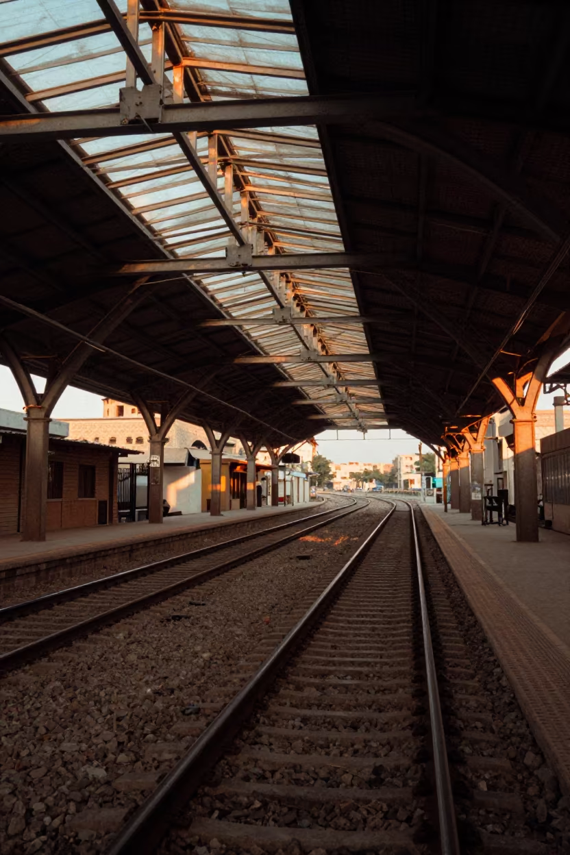 Neon Reflected Railway Roof Lines Before Dawn in inside a skylit passageway near Sana'a