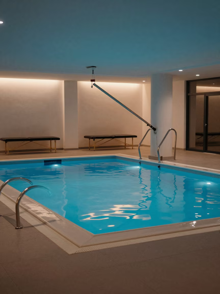 Neon Reflected Rehab Pool Lift Erbil in inside a rehab gym prepared for the first patients in Erbil