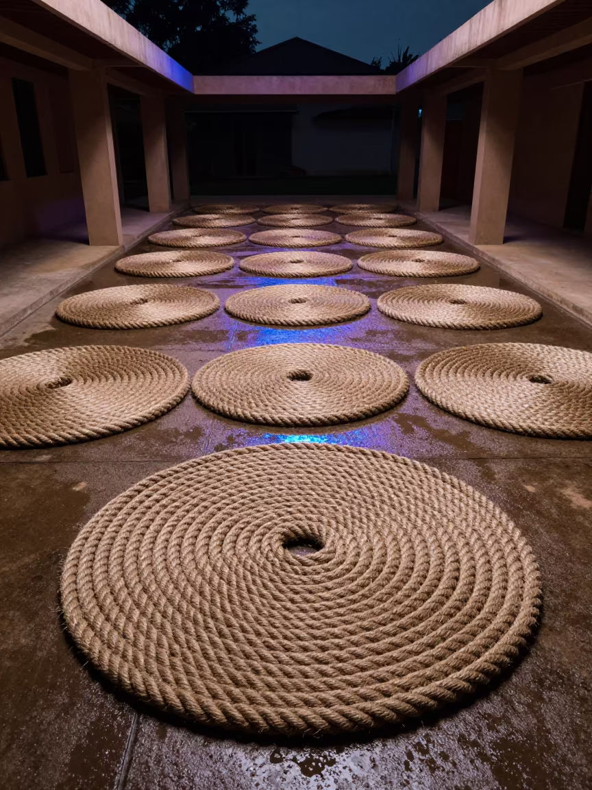 Neon Reflected Rope Coils Monsoon Night Toamasina in inside a skylit passageway in Toamasina