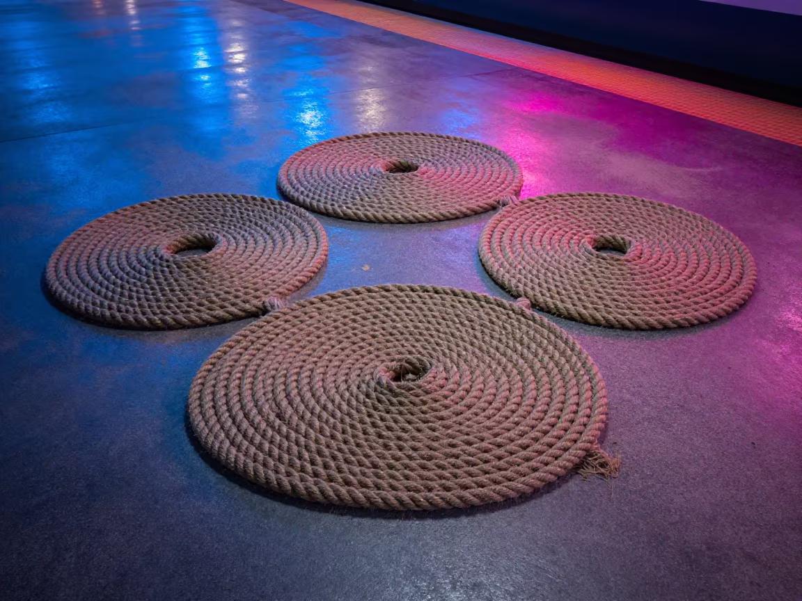 Neon Reflected Rope Coils Train Terminal Blue Hour in inside a restored train terminal near Rize